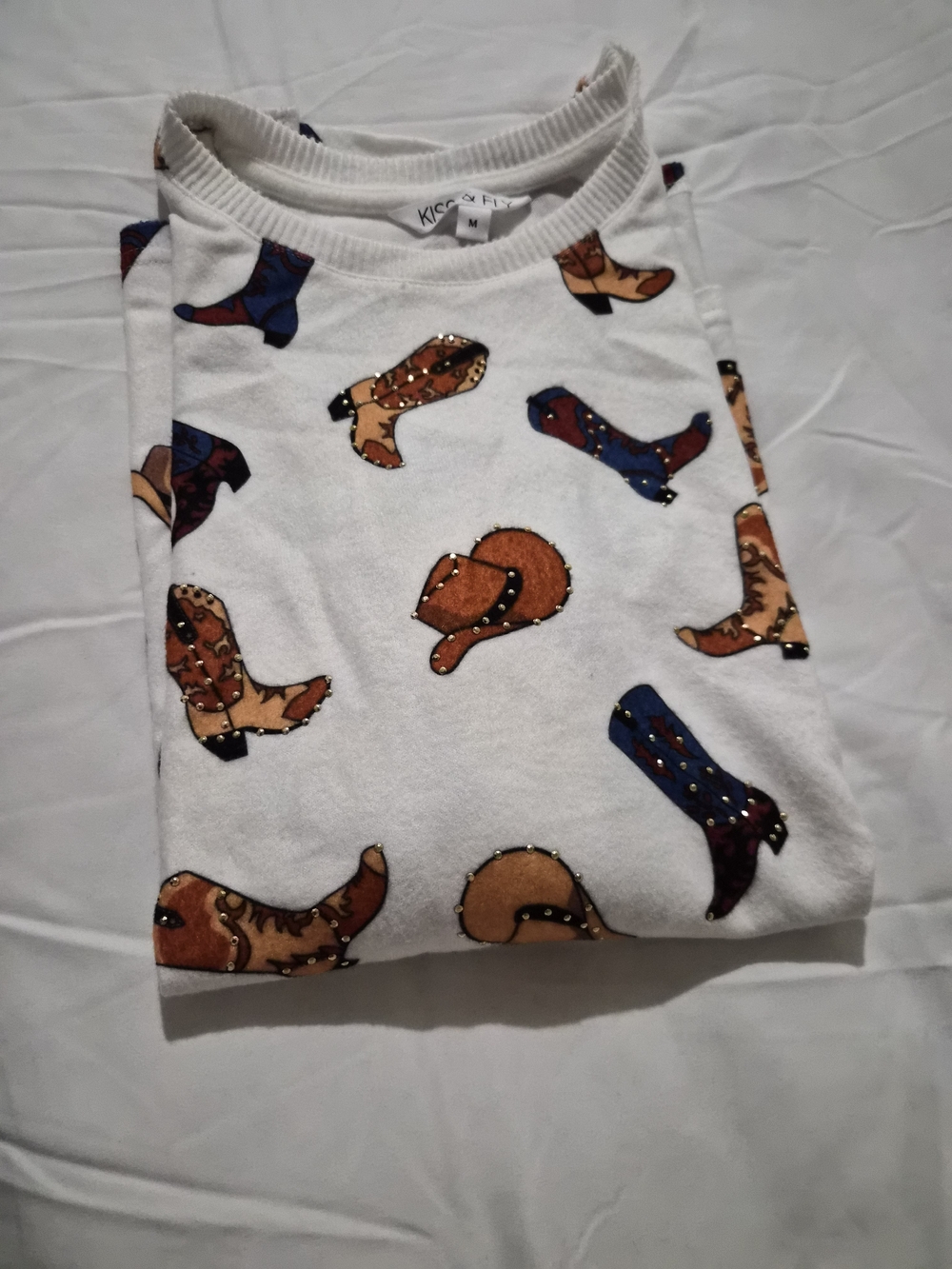 Ladies White Top with Cowboy Boot & Hat Print